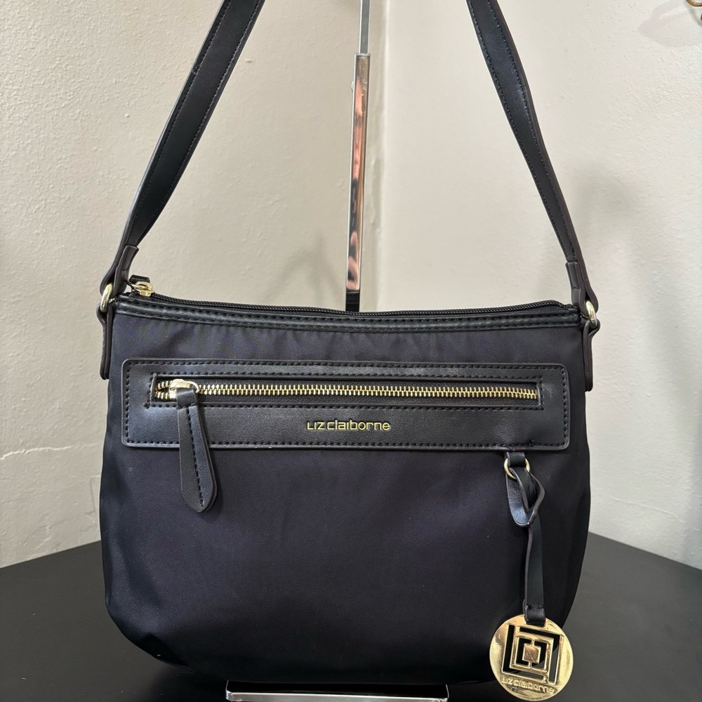 Liz Claiborne Nylon Crossbody Bag Purse Gold Charm Hardware Black